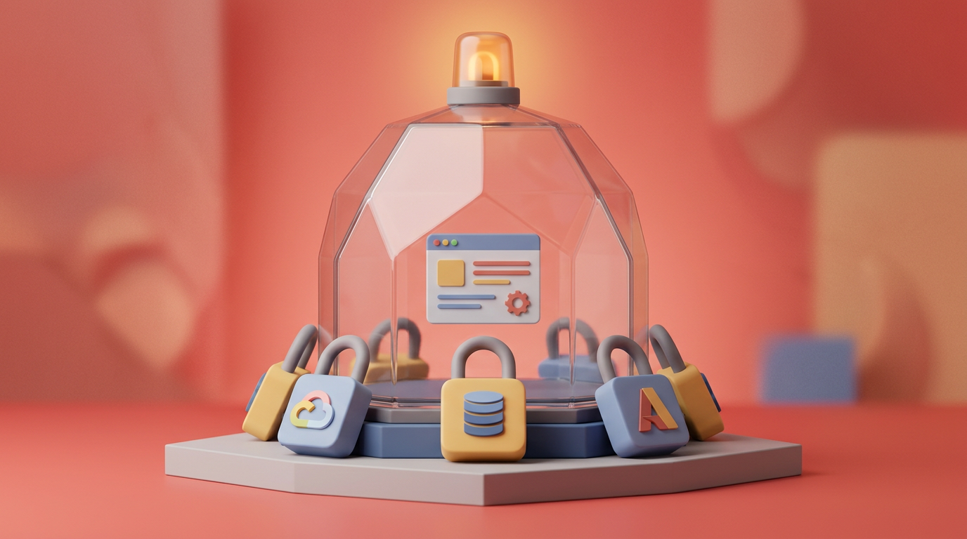 노코드 플랫폼 벤더 종속성(Vendor Lock-in) 개념 — 웹사이트가 플랫폼 자물쇠에 갇힌 3D 일러스트레이션